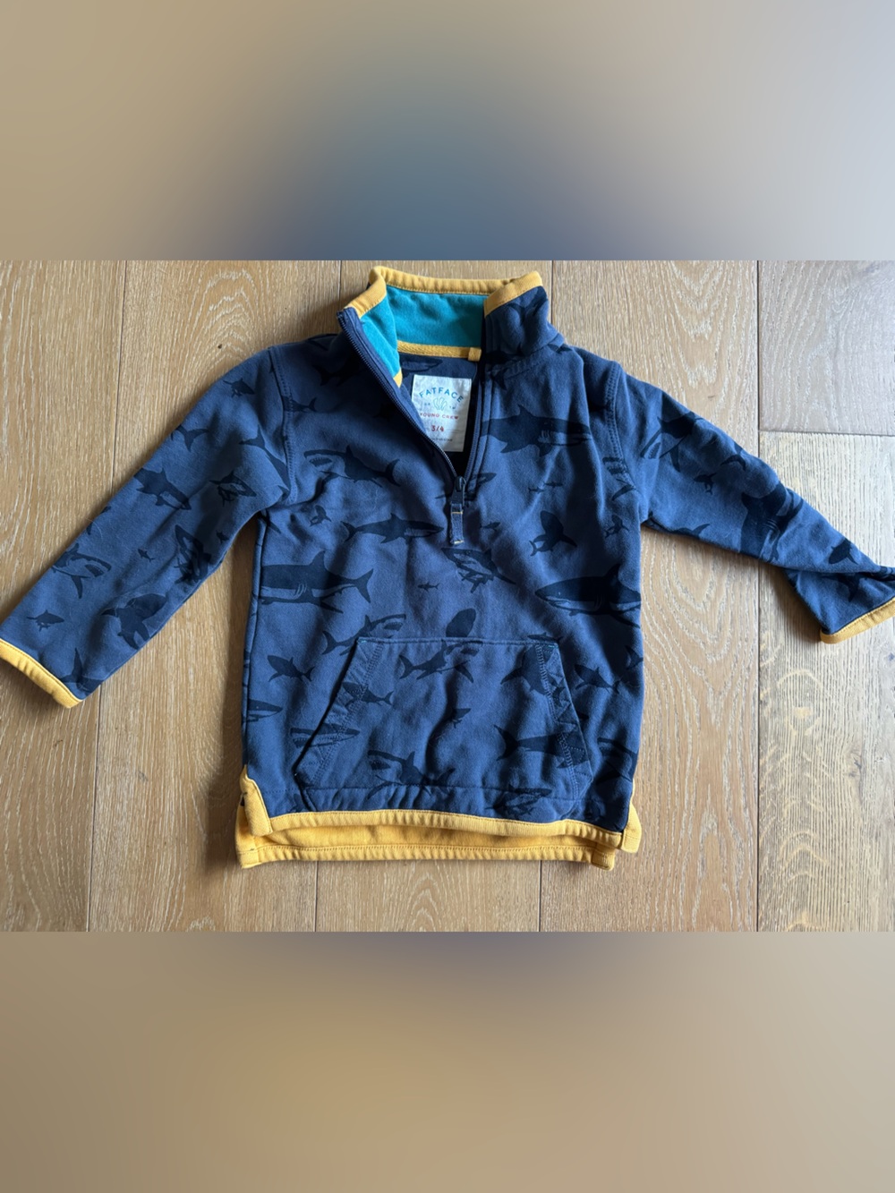 FatFace Navy Shark Print Pullover with Yellow Trim